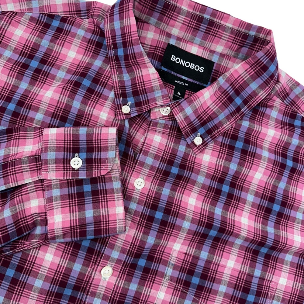 BONOBOS Mens Tailored Fit Plaid Button Down XL Pink Blue Burgundy Long Sleeve